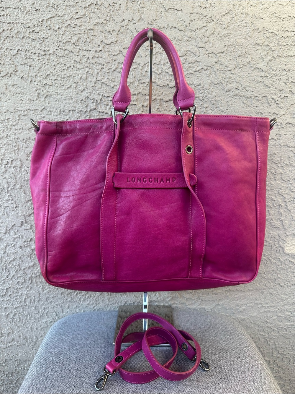Longchamp Pink Leather Tote with Removable Strap - can be project bag